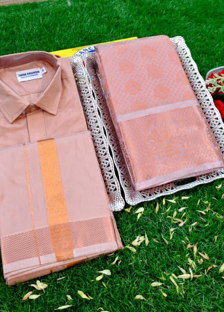 Elegant Silk Dhoti Shirt & Saree Couple Combo coordinated look for special occasions - CREAM COLOR (3)