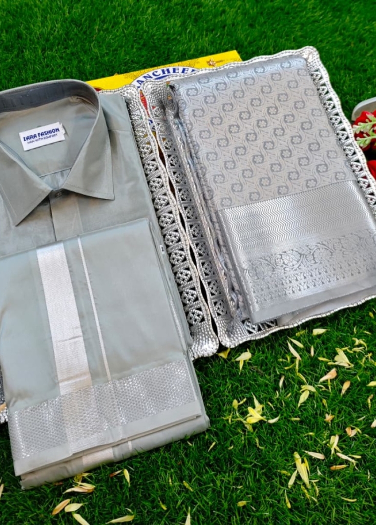 Elegant Silk Dhoti Shirt & Saree Couple Combo coordinated look for special occasions - GRAY (3)