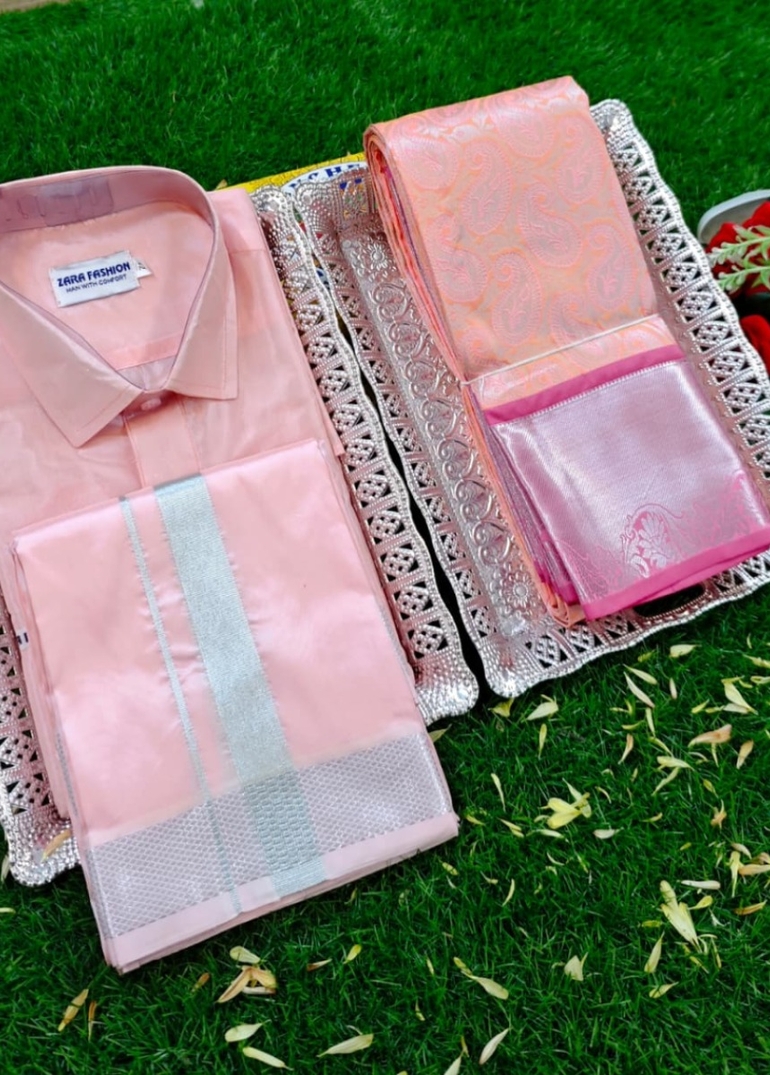 Elegant Silk Dhoti Shirt & Saree Couple Combo coordinated look for special occasions - BABY PINK (3)