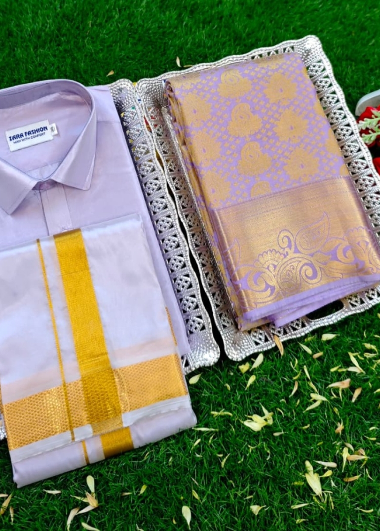 Elegant Silk Dhoti Shirt & Saree Couple Combo coordinated look for special occasions - LEVENDOR (3)