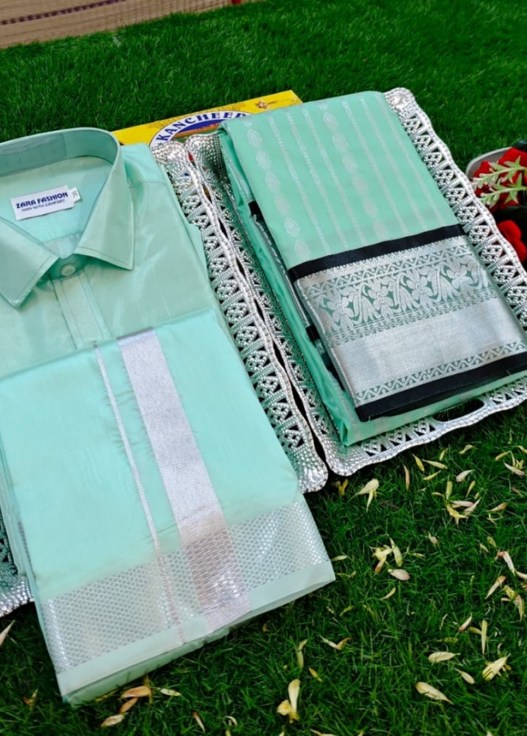 Elegant Silk Dhoti Shirt & Saree Couple Combo coordinated look for special occasions - REXONA (4)