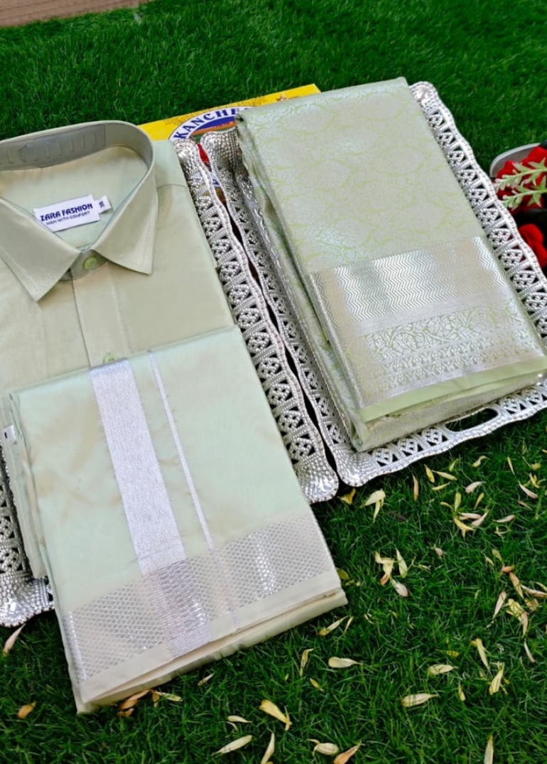 Elegant Silk Dhoti Shirt & Saree Couple Combo coordinated look for special occasions - LIGHT GREEN (4)