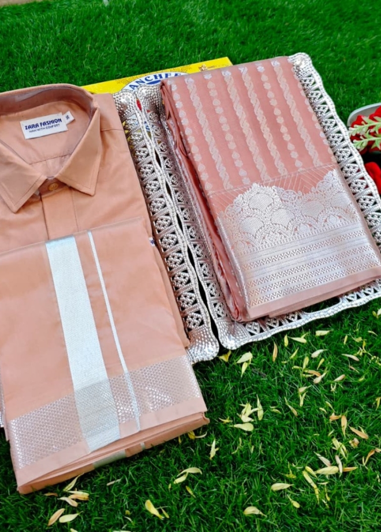 Elegant Silk Dhoti Shirt & Saree Couple Combo coordinated look for special occasions - CREAM COLOR (4)