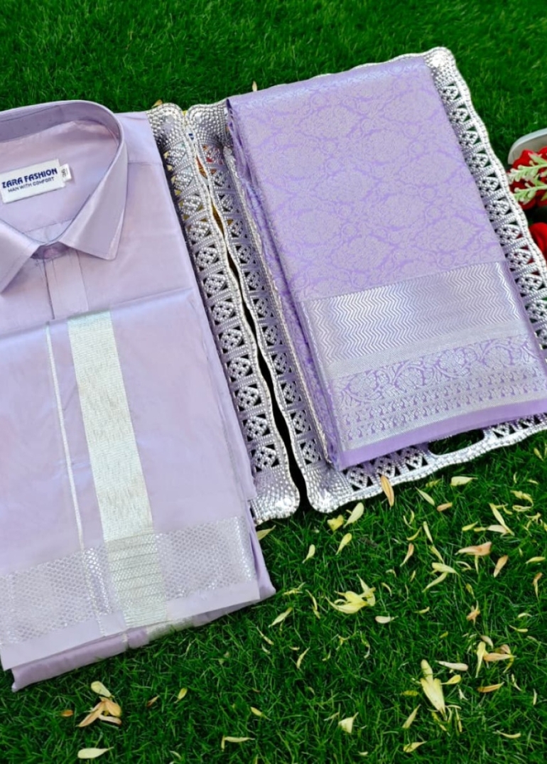 Elegant Silk Dhoti Shirt & Saree Couple Combo coordinated look for special occasions - LEVENDOR (4)