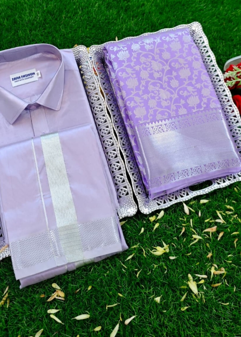 Elegant Silk Dhoti Shirt & Saree Couple Combo coordinated look for special occasions - LEVENDOR (5)