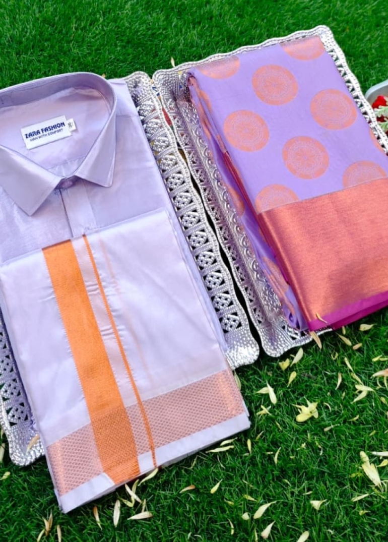 Elegant Silk Dhoti Shirt & Saree Couple Combo coordinated look for special occasions - LEVENDOR (6)