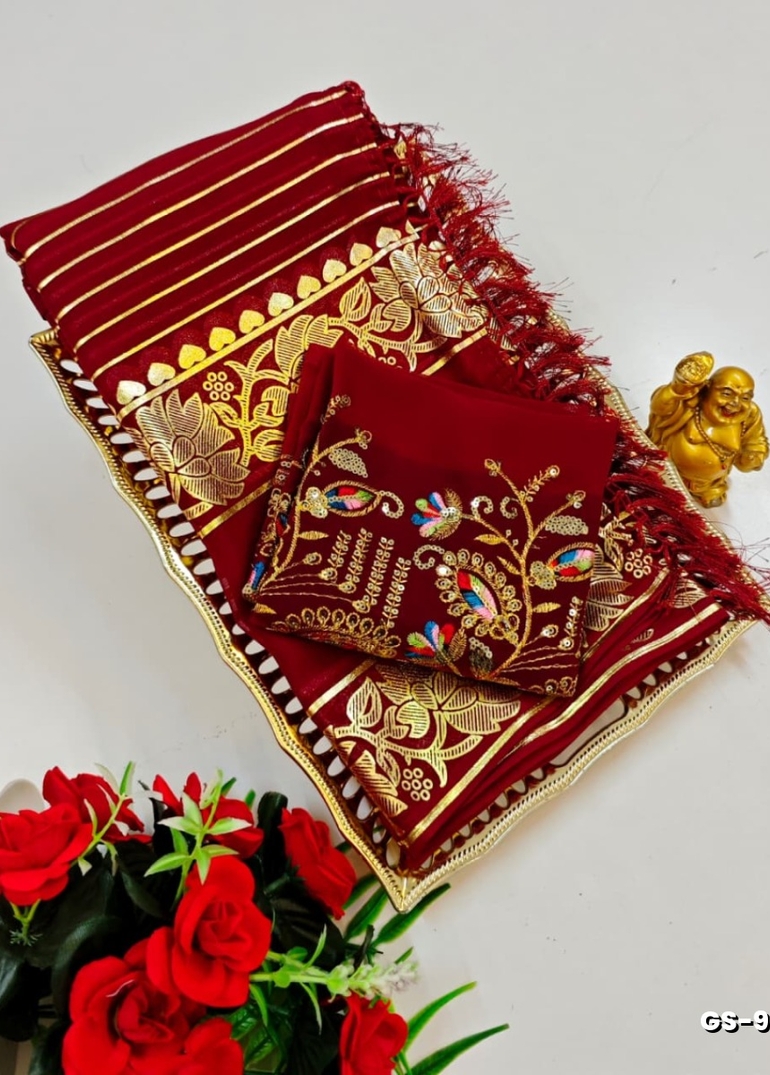 GEORGETTE FANCY SOFT SILK SAREES WITH BLOUSE MODERN FANCY ITEM SAREES - MERUN (2)