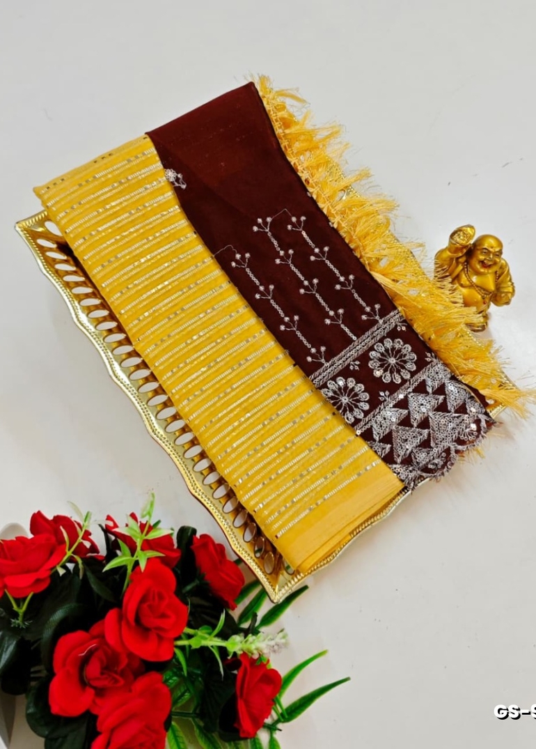 GEORGETTE FANCY SOFT SILK SAREES WITH BLOUSE MODERN FANCY ITEM SAREES - LIGHT YELLOW (2)