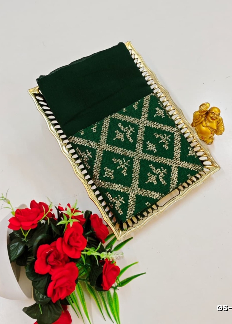 GEORGETTE FANCY SOFT SILK SAREES WITH BLOUSE MODERN FANCY ITEM SAREES - BOTTLE GREEN (2)