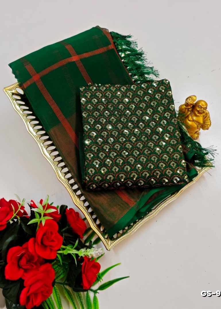 GEORGETTE FANCY SOFT SILK SAREES WITH BLOUSE MODERN FANCY ITEM SAREES - DARK GREEN (2)