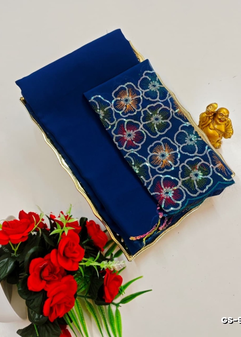 GEORGETTE FANCY SOFT SILK SAREES WITH BLOUSE MODERN FANCY ITEM SAREES - PEACOCK BLUE