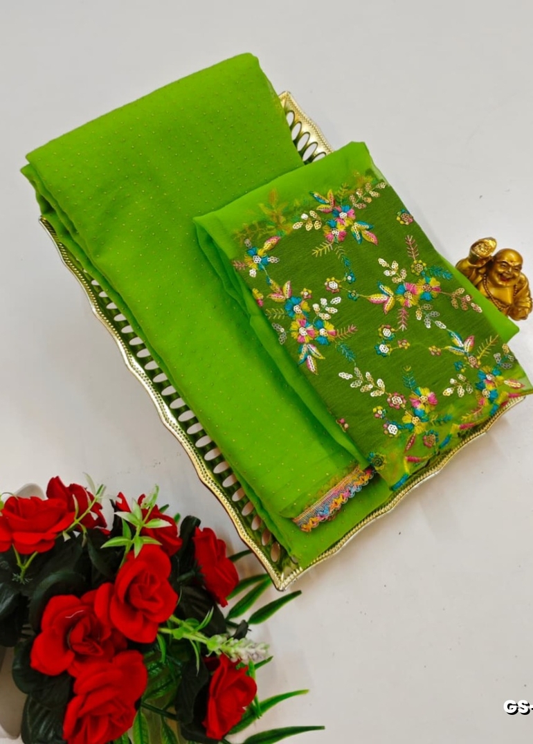 GEORGETTE FANCY SOFT SILK SAREES WITH BLOUSE MODERN FANCY ITEM SAREES - FLORAISON GREEN (3)