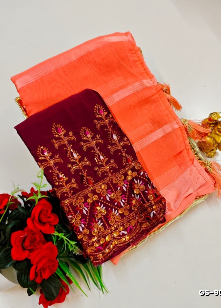 GEORGETTE FANCY SOFT SILK SAREES WITH BLOUSE MODERN FANCY ITEM SAREES - PEACH (2)