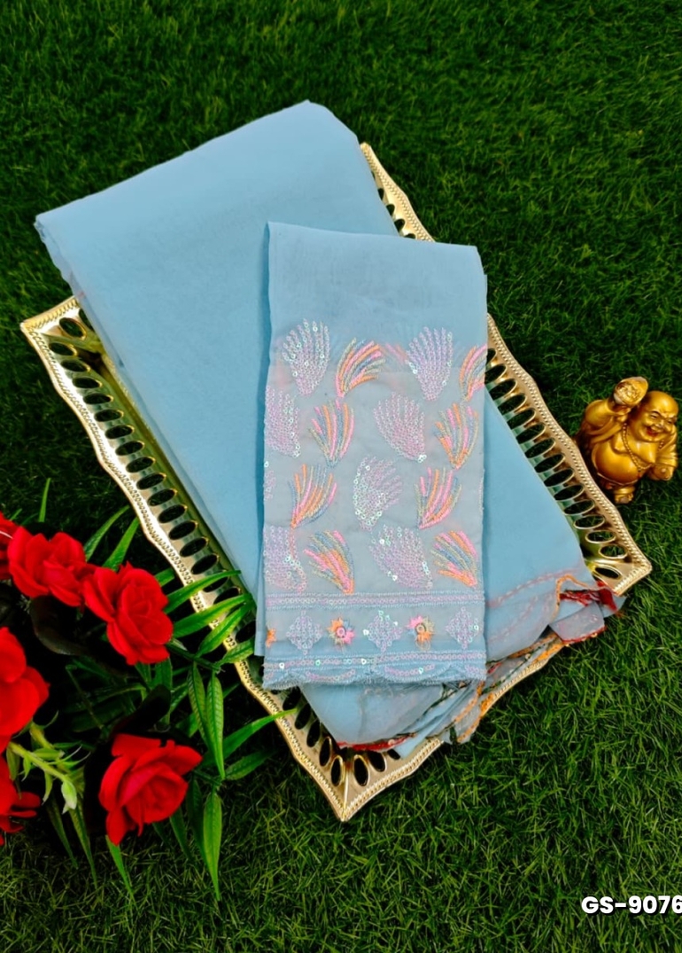 GEORGETTE FANCY SOFT SILK SAREES WITH BLOUSE MODERN FANCY ITEM SAREES - LIGHT SKY BLUE (1)