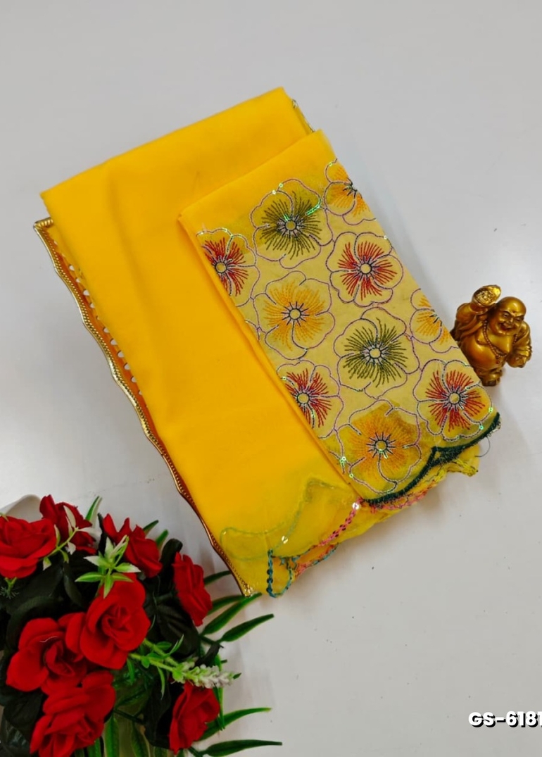 GEORGETTE FANCY SOFT SILK SAREES WITH BLOUSE MODERN FANCY ITEM SAREES - LIGHT YELLOW (3)