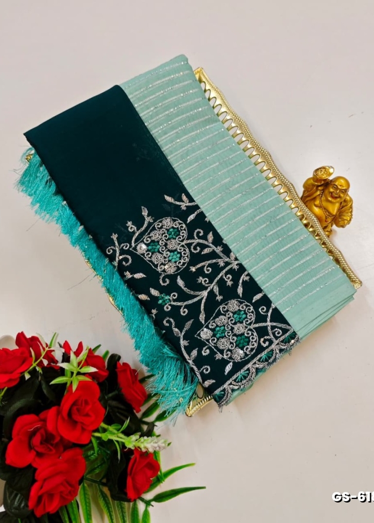 GEORGETTE FANCY SOFT SILK SAREES WITH BLOUSE MODERN FANCY ITEM SAREES - LIGHT GREEN SHADE (2)