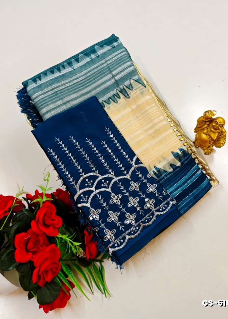 GEORGETTE FANCY SOFT SILK SAREES WITH BLOUSE MODERN FANCY ITEM SAREES - TEAL COLOUR (2)