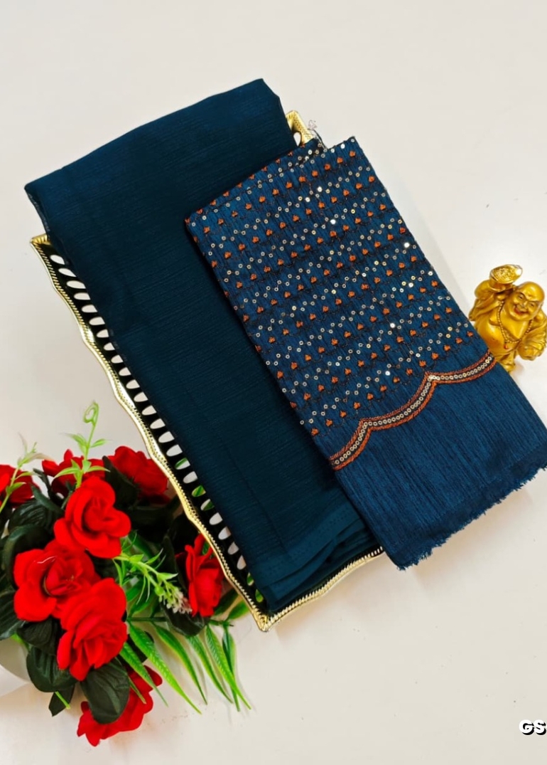 GEORGETTE FANCY SOFT SILK SAREES WITH BLOUSE MODERN FANCY ITEM SAREES - PEACOCK BLUE (1)