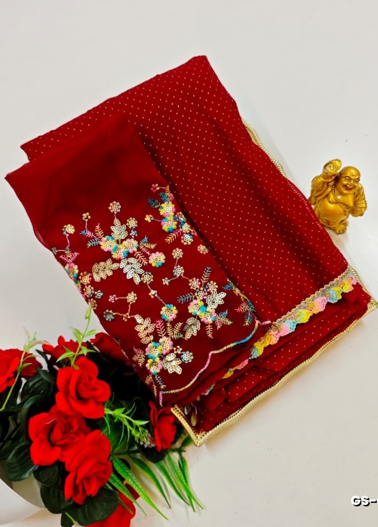 GEORGETTE FANCY SOFT SILK SAREES WITH BLOUSE MODERN FANCY ITEM SAREES - MAROON COLOR (2)