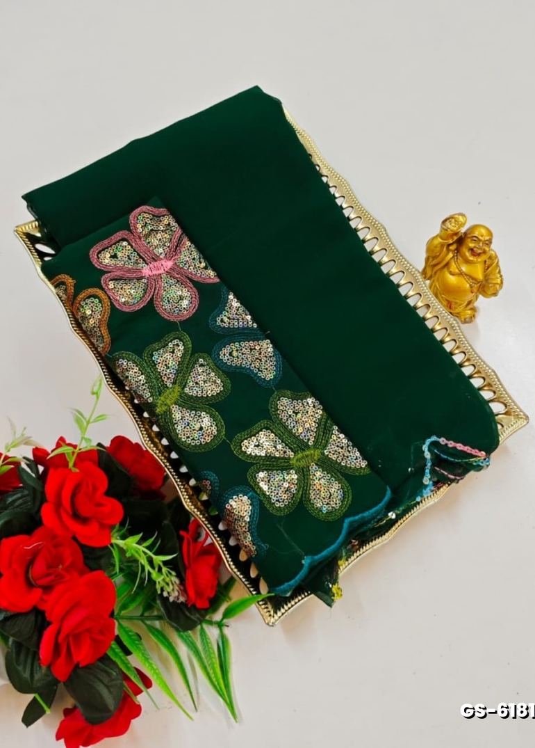 GEORGETTE FANCY SOFT SILK SAREES WITH BLOUSE MODERN FANCY ITEM SAREES - BOTTLE GREEN (3)