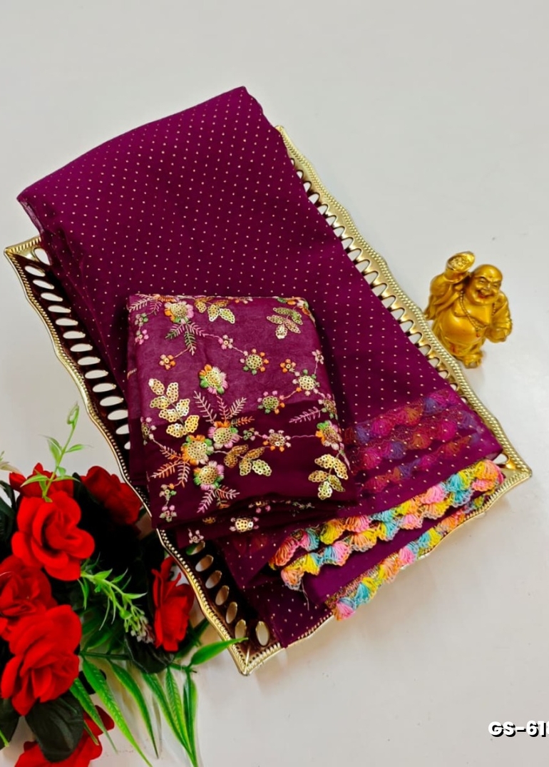 GEORGETTE FANCY SOFT SILK SAREES WITH BLOUSE MODERN FANCY ITEM SAREES - WINE COLOUR (1)