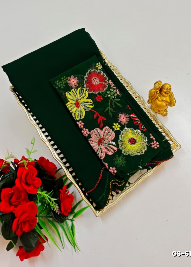 GEORGETTE FANCY SOFT SILK SAREES WITH BLOUSE MODERN FANCY ITEM SAREES - DARK GREEN (3)