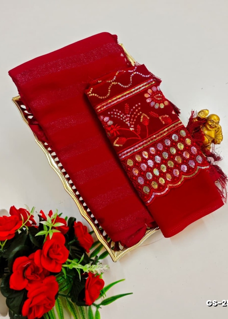 GEORGETTE FANCY SOFT SILK SAREES WITH BLOUSE MODERN FANCY ITEM SAREES - MERUN (4)