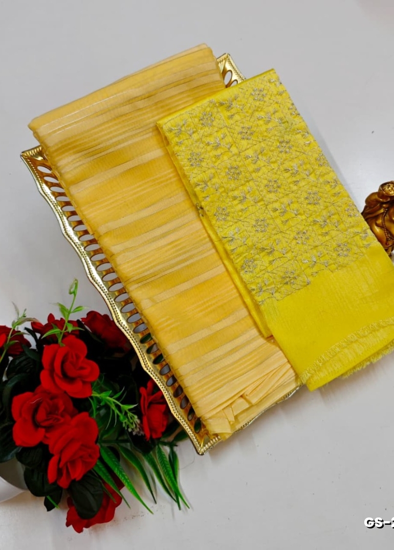 GEORGETTE FANCY SOFT SILK SAREES WITH BLOUSE MODERN FANCY ITEM SAREES - LIGHT YELLOW (4)