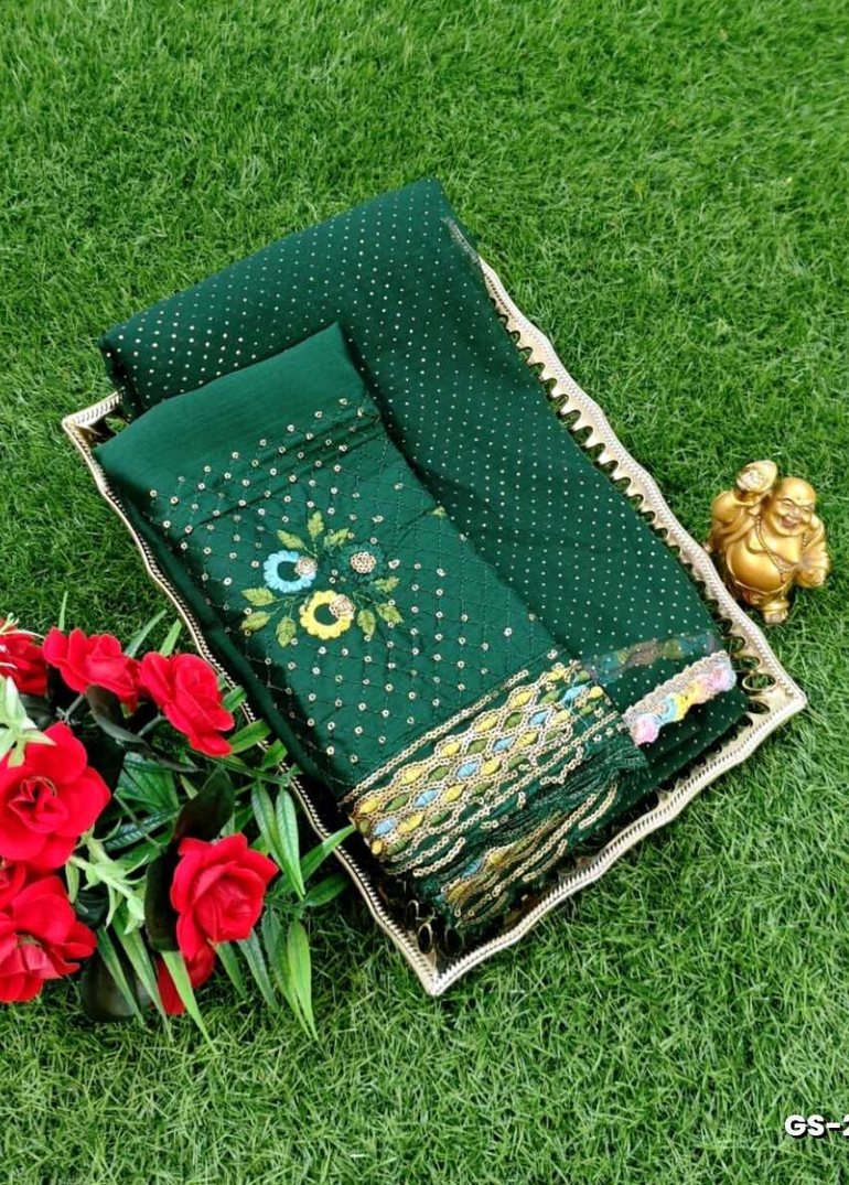 GEORGETTE FANCY SOFT SILK SAREES WITH BLOUSE MODERN FANCY ITEM SAREES - BOTTLE GREEN (4)