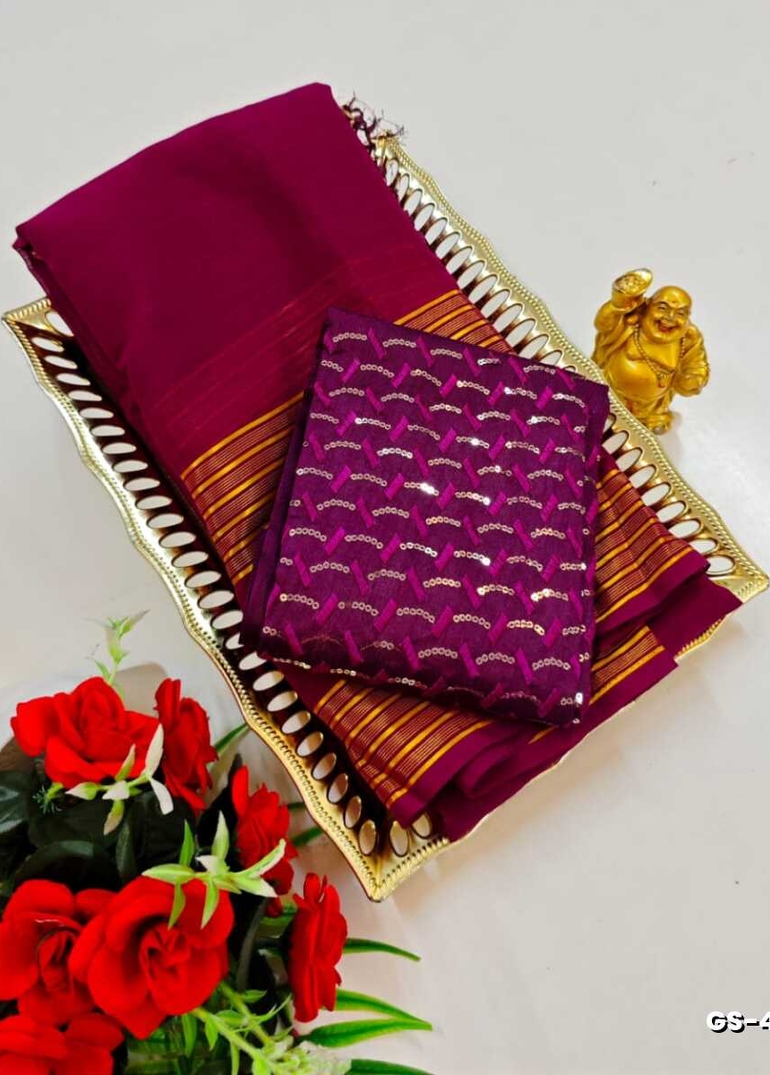 GEORGETTE FANCY SOFT SILK SAREES WITH BLOUSE MODERN FANCY ITEM SAREES - WINE COLOUR (3)