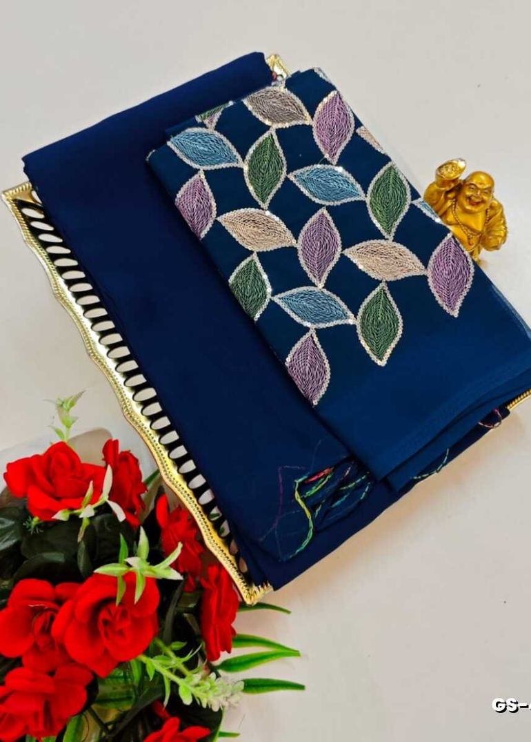 GEORGETTE FANCY SOFT SILK SAREES WITH BLOUSE MODERN FANCY ITEM SAREES - PEACKOK BLUE (7)