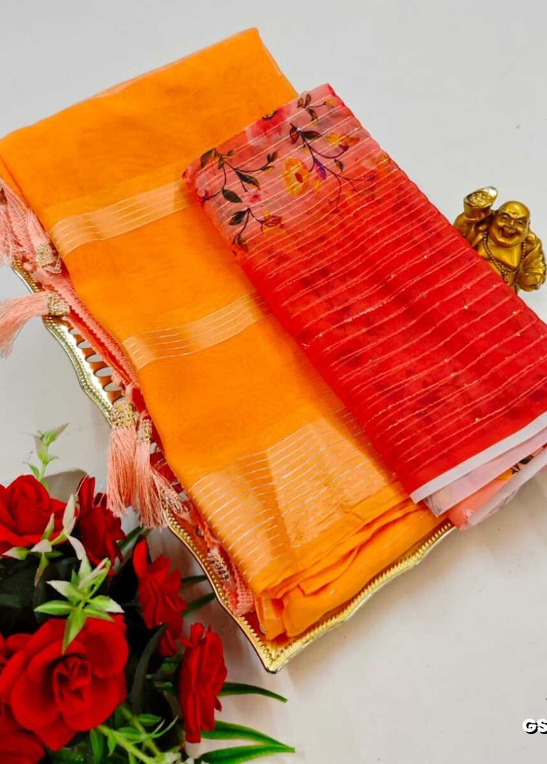 GEORGETTE FANCY SOFT SILK SAREES WITH BLOUSE MODERN FANCY ITEM SAREES - ORANGE (2)
