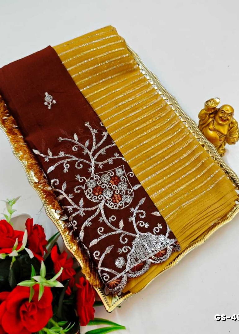 GEORGETTE FANCY SOFT SILK SAREES WITH BLOUSE MODERN FANCY ITEM SAREES - YELLOW COLOR (2)