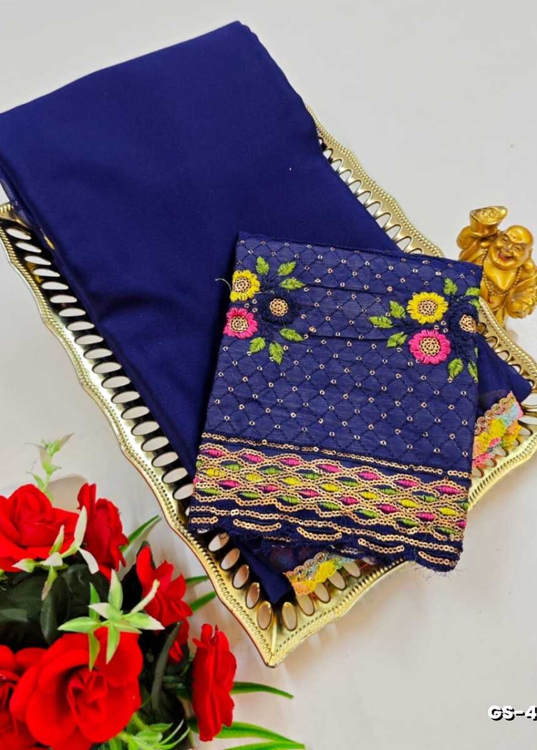 GEORGETTE FANCY SOFT SILK SAREES WITH BLOUSE MODERN FANCY ITEM SAREES - NAVY COLOUR (1)