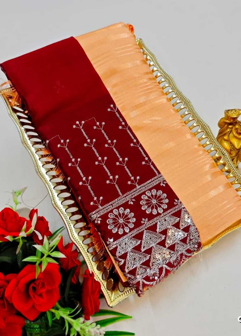 GEORGETTE FANCY SOFT SILK SAREES WITH BLOUSE MODERN FANCY ITEM SAREES - LIGHT ORANGE (1)
