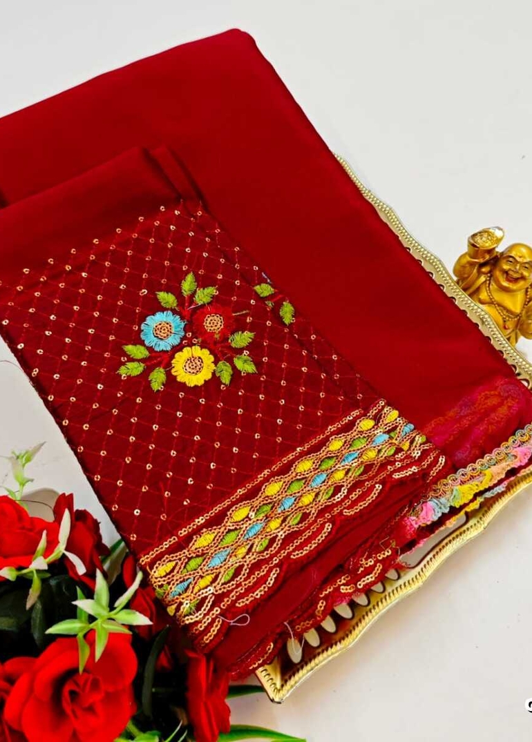 GEORGETTE FANCY SOFT SILK SAREES WITH BLOUSE MODERN FANCY ITEM SAREES - MERUN (6)