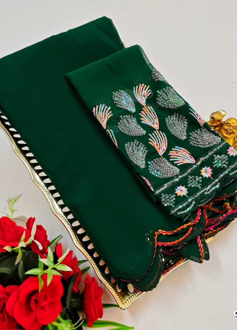 GEORGETTE FANCY SOFT SILK SAREES WITH BLOUSE MODERN FANCY ITEM SAREES - BOTTLE GREEN (5)