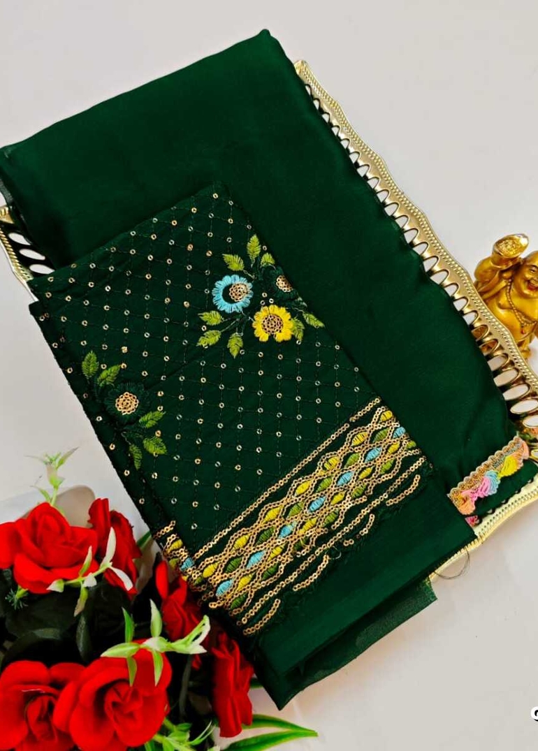 GEORGETTE FANCY SOFT SILK SAREES WITH BLOUSE MODERN FANCY ITEM SAREES - DARK GREEN (4)