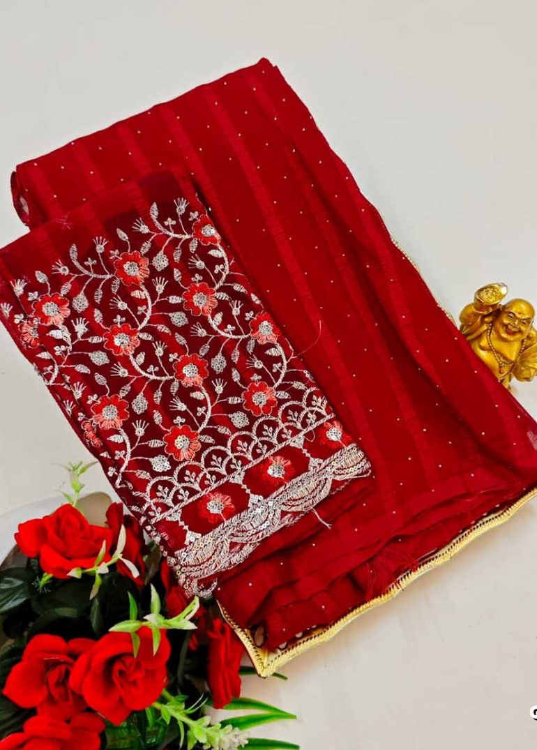 GEORGETTE FANCY SOFT SILK SAREES WITH BLOUSE MODERN FANCY ITEM SAREES - TOMATO COLOUR (2)