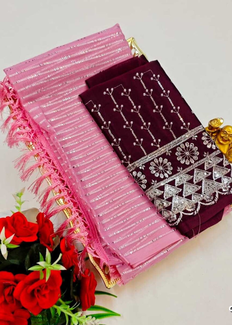 GEORGETTE FANCY SOFT SILK SAREES WITH BLOUSE MODERN FANCY ITEM SAREES - BABY PINK (4)