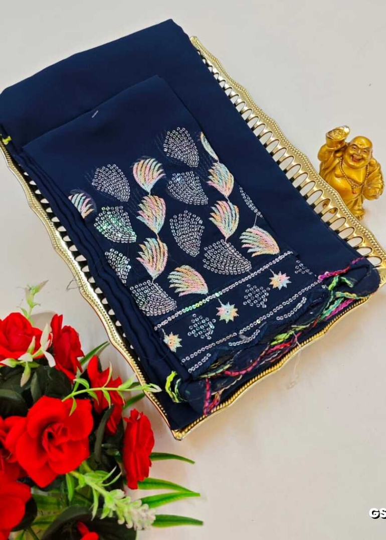 GEORGETTE FANCY SOFT SILK SAREES WITH BLOUSE MODERN FANCY ITEM SAREES - PEACKOK BLUE (8)