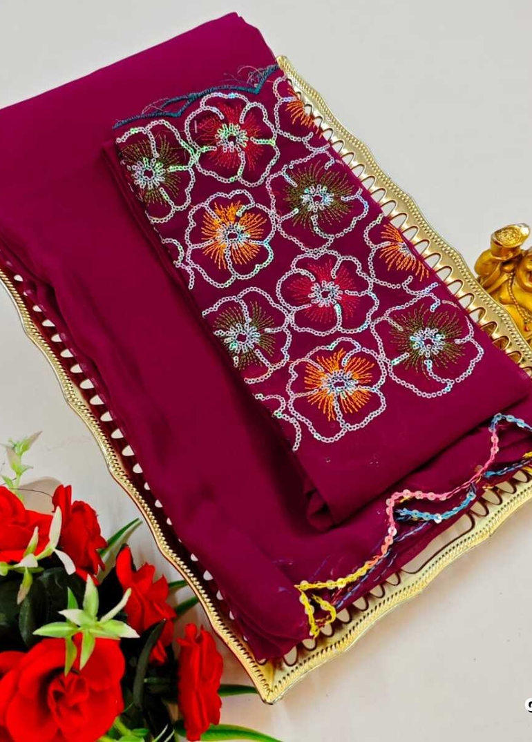 GEORGETTE FANCY SOFT SILK SAREES WITH BLOUSE MODERN FANCY ITEM SAREES - MEJANTA (6)
