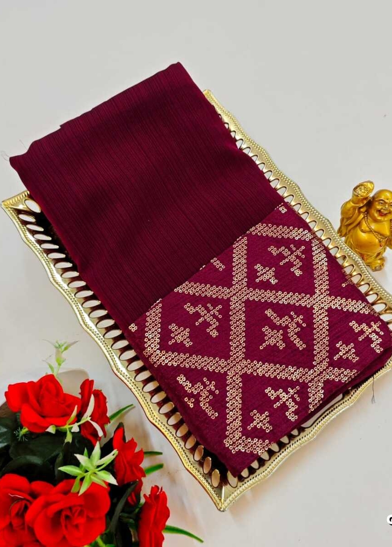 GEORGETTE FANCY SOFT SILK SAREES WITH BLOUSE MODERN FANCY ITEM SAREES - WINE COLOUR (4)