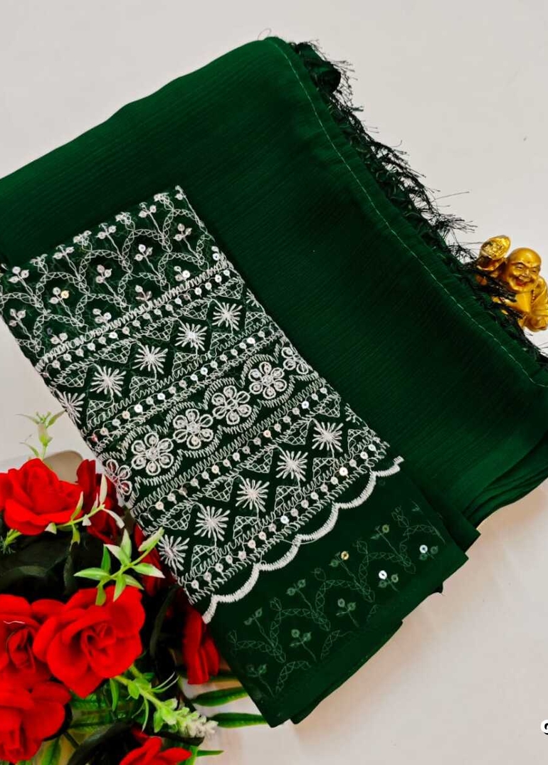 GEORGETTE FANCY SOFT SILK SAREES WITH BLOUSE MODERN FANCY ITEM SAREES - BOTTLE GREEN (6)