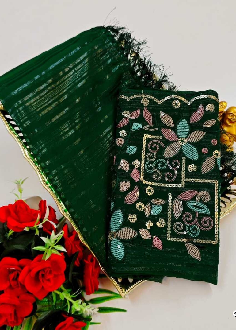 GEORGETTE FANCY SOFT SILK SAREES WITH BLOUSE MODERN FANCY ITEM SAREES - DARK GREEN (5)