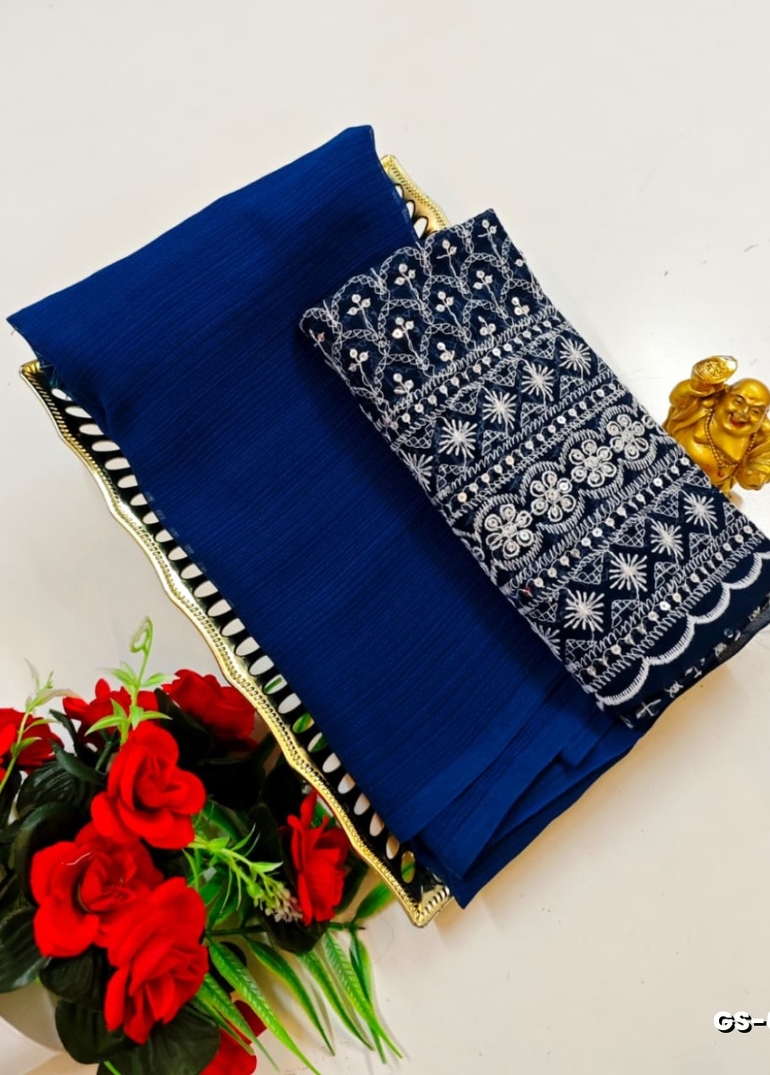 GEORGETTE FANCY SOFT SILK SAREES WITH BLOUSE MODERN FANCY ITEM SAREES - BLUE SHADE (2)