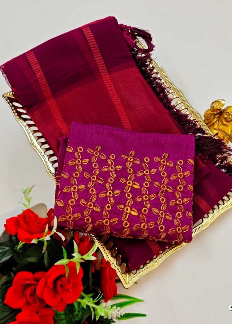 GEORGETTE FANCY SOFT SILK SAREES WITH BLOUSE MODERN FANCY ITEM SAREES - WINE COLOUR (5)