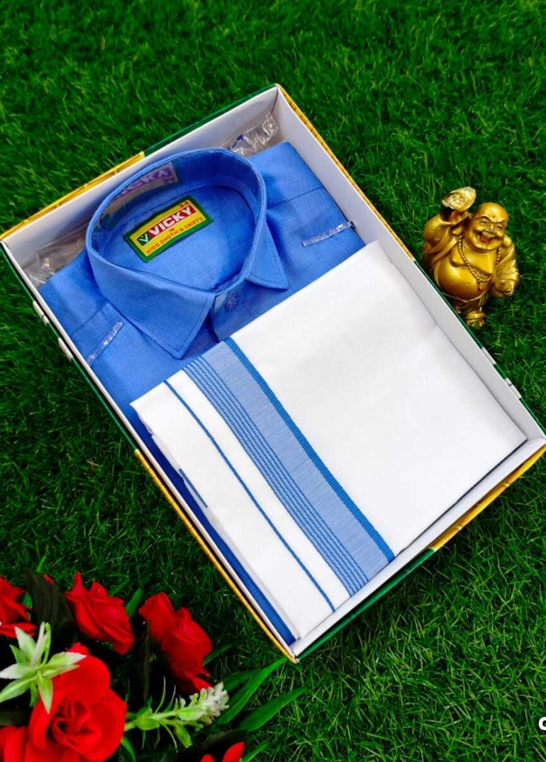 SHIRTS & DHOTIS COMBO FOR MENS ADJUSTABLE DHOTIS WITH COLOUR MATCHING BORDER BEST CHOICE FOR BOYS - BLUE COLOUR