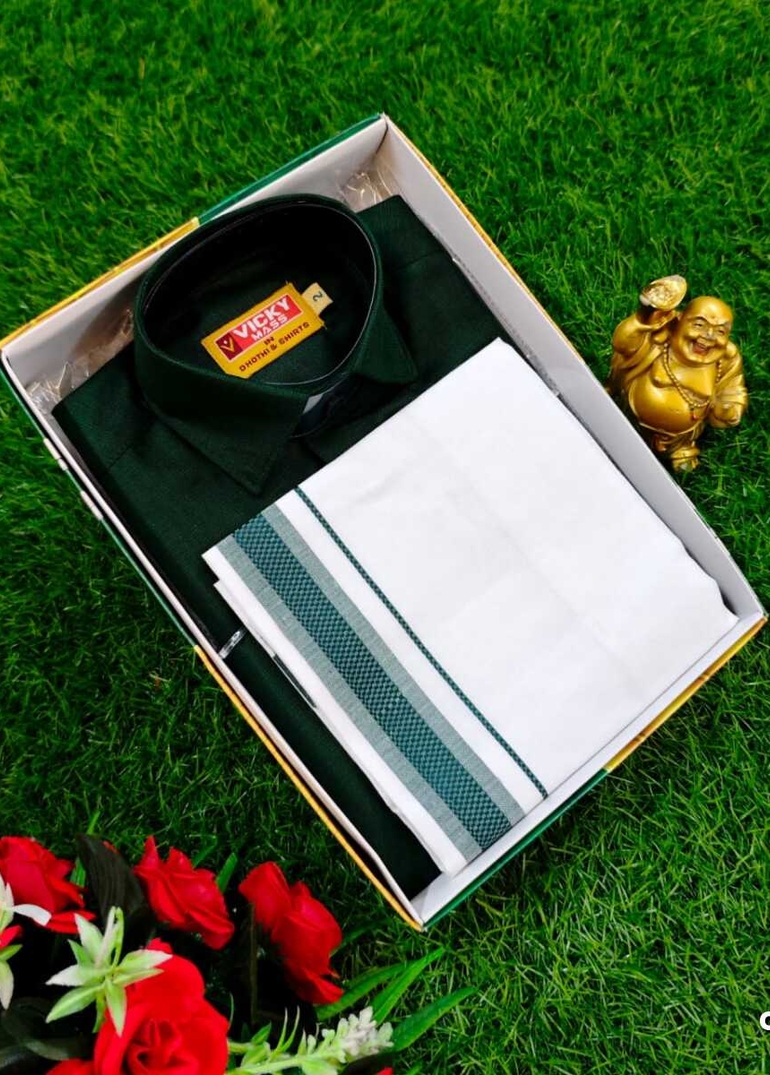 SHIRTS & DHOTIS COMBO FOR MENS ADJUSTABLE DHOTIS WITH COLOUR MATCHING BORDER BEST CHOICE FOR BOYS - BOTTLE GREEN