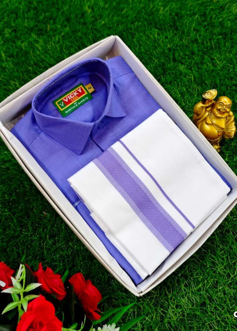 SHIRTS & DHOTIS COMBO FOR MENS ADJUSTABLE DHOTIS WITH COLOUR MATCHING BORDER BEST CHOICE FOR BOYS - LIGHT BLUE N